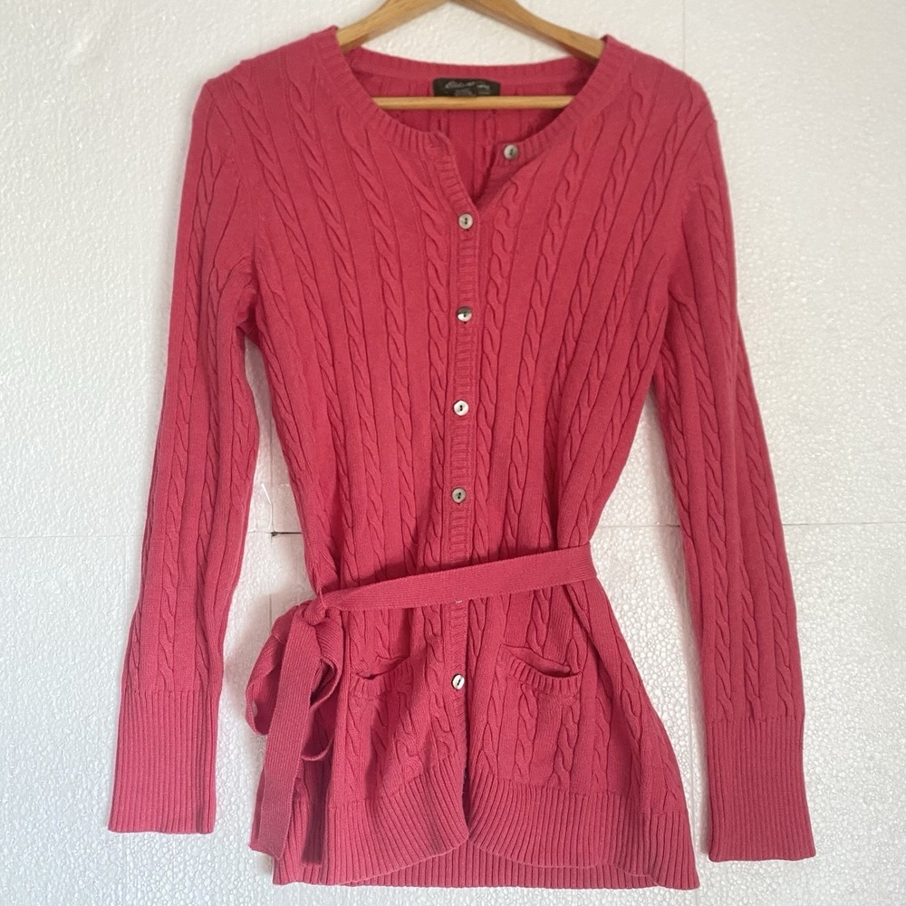 Eddie Bauer Pink Cardigan Cableknit Sweater‎ Waist Tie Women's L Cotton Blend